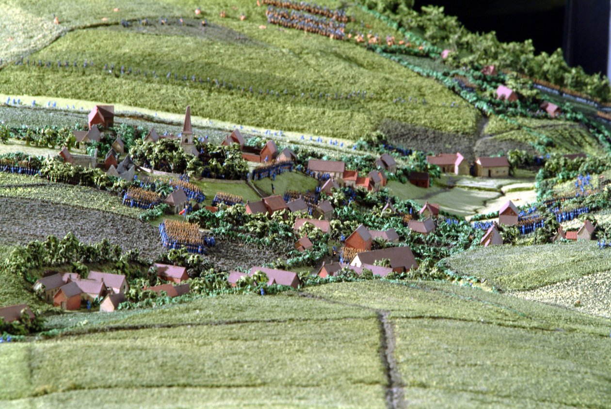 Waterloon taistelun diorama, jossa näkyvät joukot sijoittuneet 18. kesäkuuta 1815 klo 19.45 (sekoitettu media) (yksityiskohta) tekijältä Capt. William Siborne