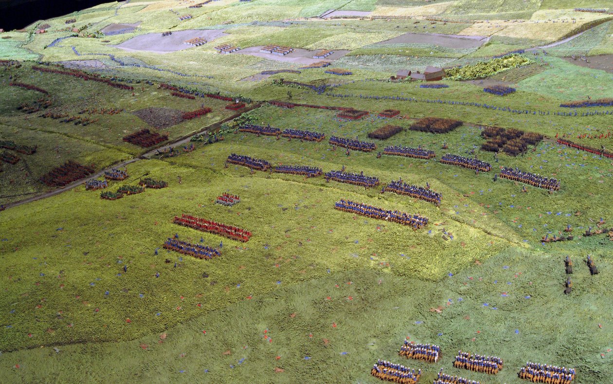 Waterloon taistelun diorama, jossa näkyvät joukot sijoittuneet 18. kesäkuuta 1815 klo 19.45 (sekoitettu media) (yksityiskohta) tekijältä Capt. William Siborne