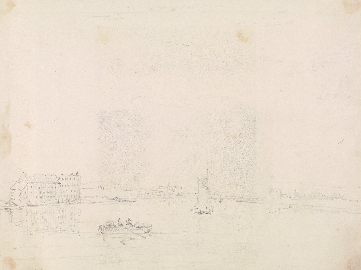 Luonnos veneistä ja suuresta rakennuksesta Medina-joen toiselta puolelta tekijältä Capt. Thomas Hastings