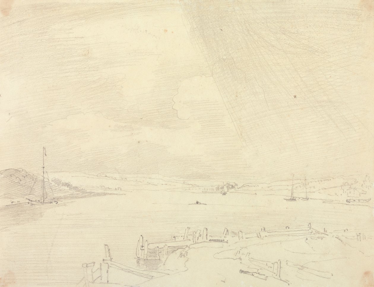 Luonnos merenrantamaisemasta, jossa on laituri etualalla, Isle of Wight tekijältä Capt. Thomas Hastings