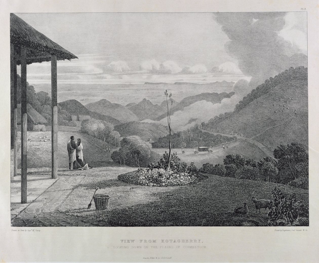 Näkymä Kotagherrysta katselee alas Coimbetoorin tasangoilla, levy 2 kapteeni McCurdyn teoksesta "Näkymä Neilgherriesistä tai Coimbetoorin sinisistä vuorista, Etelä-Intia", julkaistu 1830 tekijältä Captain E. A. McCurdy
