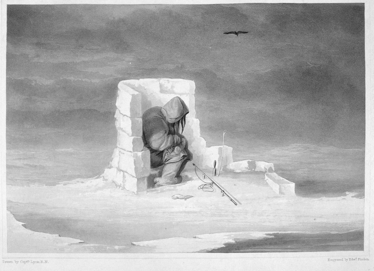 Eskimaux katselemassa sinettireikää, William Edward Parrin teoksesta "Journal of a Second Voyage for the Discovery of Luoteisväylä Atlantilta Tyynellemerelle esitys vuosina 1821-22-23" tekijältä Captain George Francis Lyon