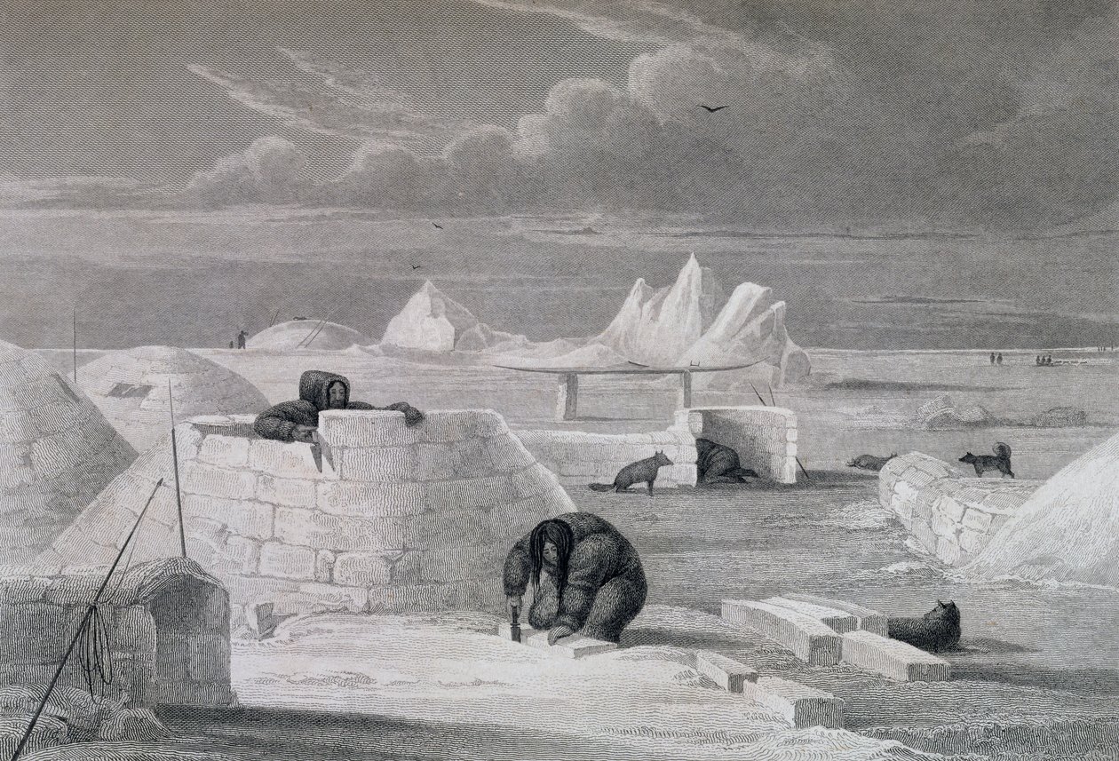 Esquimaux rakentaa lumimajaa, teoksesta "Journal of a Second Voyage for the Discovery of Luoteisväylä Atlantilta Tyynellemerelle, joka esitettiin vuosina 1821-22-23", kirjoittanut William Edward Parry (1 tekijältä Captain George Francis Lyon
