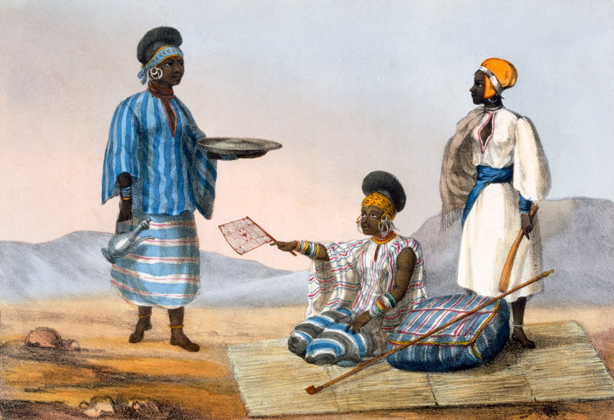 Ryhmä syntyperäisiä naisia Soudanissa, "Kertomus matkoista Pohjois-Afrikassa vuosina 1818-19 ja 1820", noin 1820 tekijältä Captain George Francis Lyon