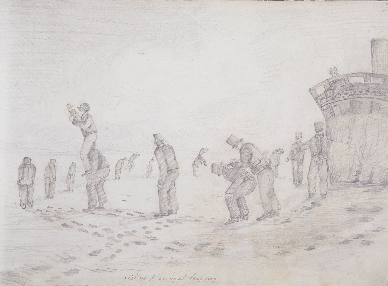 Merimiehet leikkivät Leap Frogissa, "Sketches of the Second Parry Arctic Expedition", 1821-2 (grafiittia paperille) tekijältä Captain George Francis Lyon