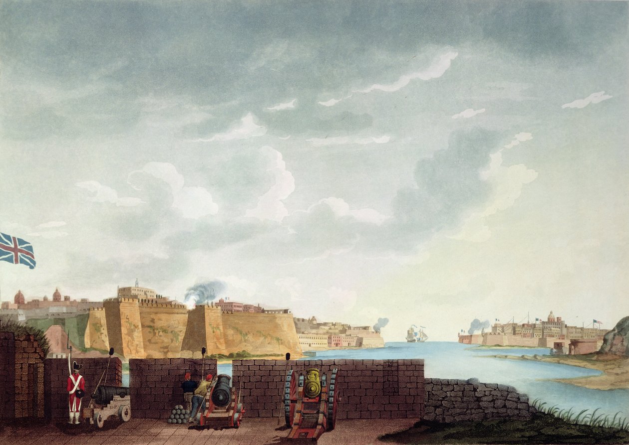 Näkymä La Vallettasta vuoden 1800 piirityksen aikana, kaiverrus Francis Chesham, 1803 tekijältä Captain James Weir