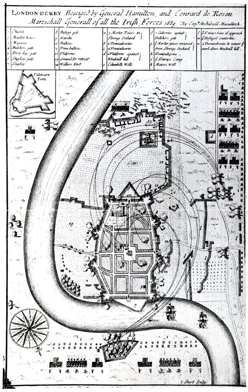 Kenraali Hamiltonin ja Conrad de Rosenin piirittämä Londonderry, kaiverrus J. Sturt, 1689 tekijältä Captain Archibald Maculloch