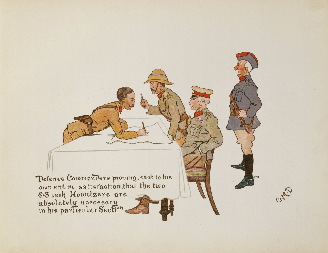 Puolustuskomentajat todistamassa, että kaksi 6,3 tuuman Howlitzeria ovat ehdottoman välttämättömiä hänen erityisosastossaan, The Leaguer of Ladysmith, 1900 tekijältä Captain Clive Dixon