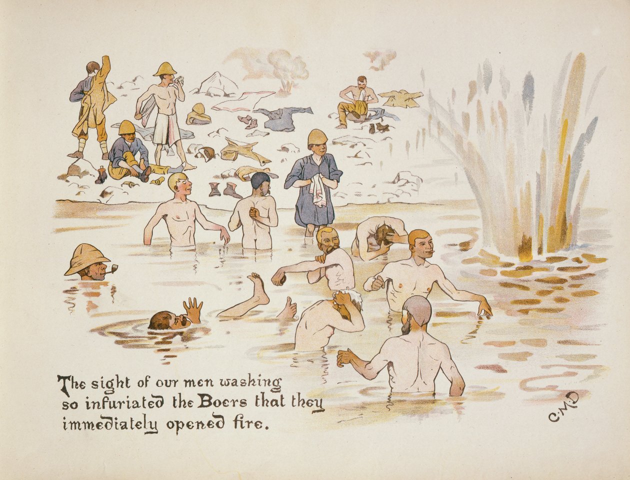 Näky, kuinka miehemme peseytyvät, raivostutti buurit niin, että he avasivat heti tulen, elokuvasta The Leaguer of Ladysmith, 1900 tekijältä Captain Clive Dixon