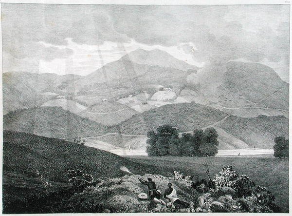 Näkymä osasta järvestä ja mökeistä Ottacamundissa, Neelgherry Mountainsissa, levy 3 Kapteeni McCurdyn julkaisusta View of the Neilgherries tai Blue Mountains of Coimbetoor, Etelä-Intia, julkaistiin 1830 (li tekijältä Captain E. A. after McCurdy
