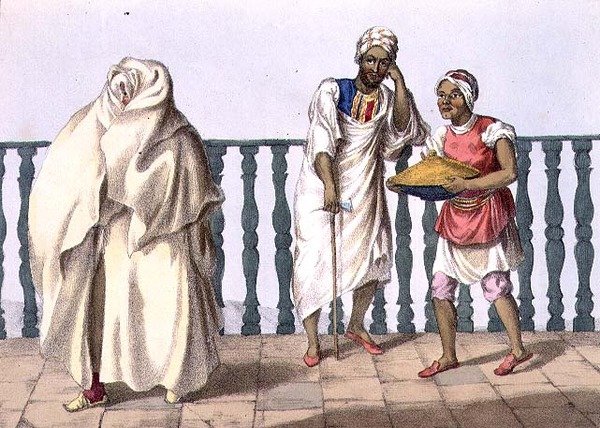 Tripolin puku, levy 2 teoksesta "A Narrative of Travels in Northern Africa", kaiverrettu M. Gauci (1810-46) 1821 (litografia). tekijältä Captain George Francis (after) Lyon