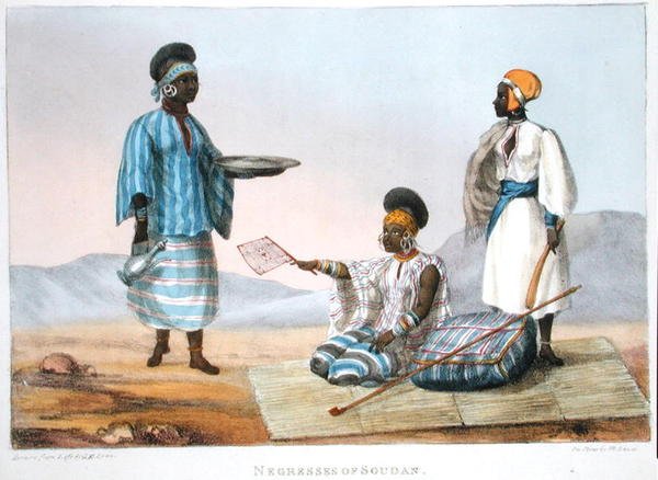 Negresses of Soudan, kirjasta "Narraative of Travels in Northern Africa in the Years 1818-19 and 1820", kaivertanut Denis Dighton (1792-1827), julkaistu 1821 (värilitho) tekijältä Captain George Francis (after) Lyon
