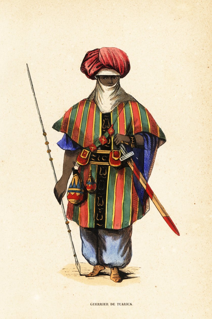 Jalo tuareg-soturi Agadezista, Nigeristä, tagelmustissa (turbaani ja verho), taktkatissa (paita) ja akarbeyssä (housut) tekijältä Captain George Francis (after) Lyon