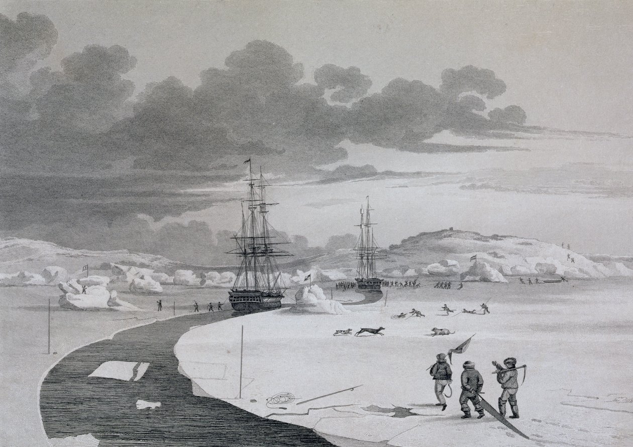Leikkaus Winter Islandiin, lokakuu 1821, Journal of a Second Voyage for the Discovery of Luoteisväylä Atlantilta Tyynellemerelle, esittämänä vuosina 1821-22-23, William Edwar tekijältä Captain George Francis Lyon