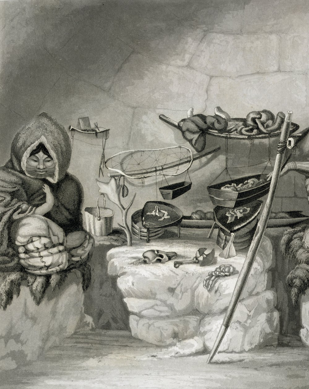 Eskimo-lumimajan sisustus, Winter Island 1822, kaiverrus Edward Francis Findenin (1791-1857) pubissa. Kirjailija: John Murray, 1824 tekijältä Captain George Francis Lyon