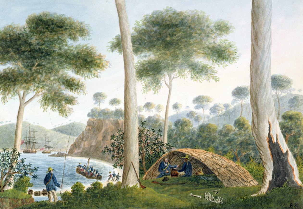 Native Hut (tai Wigwam) Adventure Baysta, Van Diemenin maasta, 1792 tekijältä Captain George Tobin