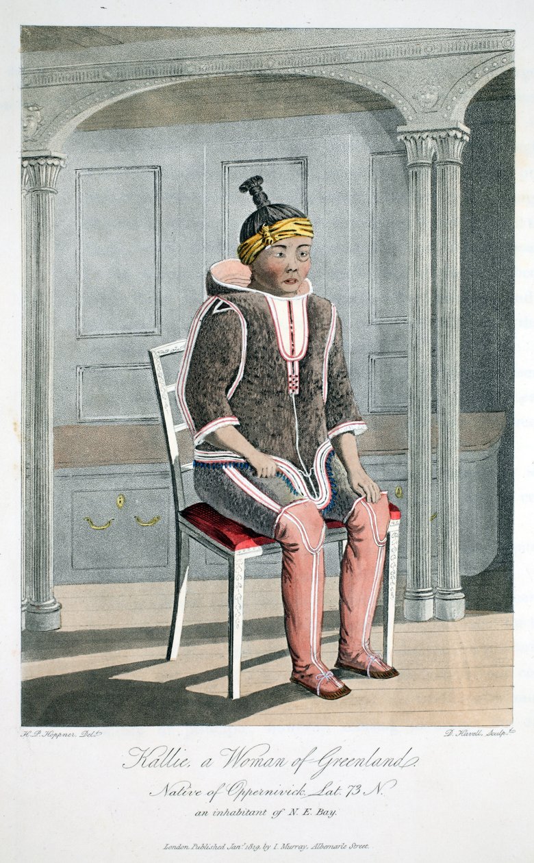 Kallie, grönlantilainen, Oppernivickistä kotoisin oleva nainen, kuvitus teoksesta "A Voyage of Discovery...", 1819 (käsinvärinen kaiverrus) tekijältä Captain Hoppner