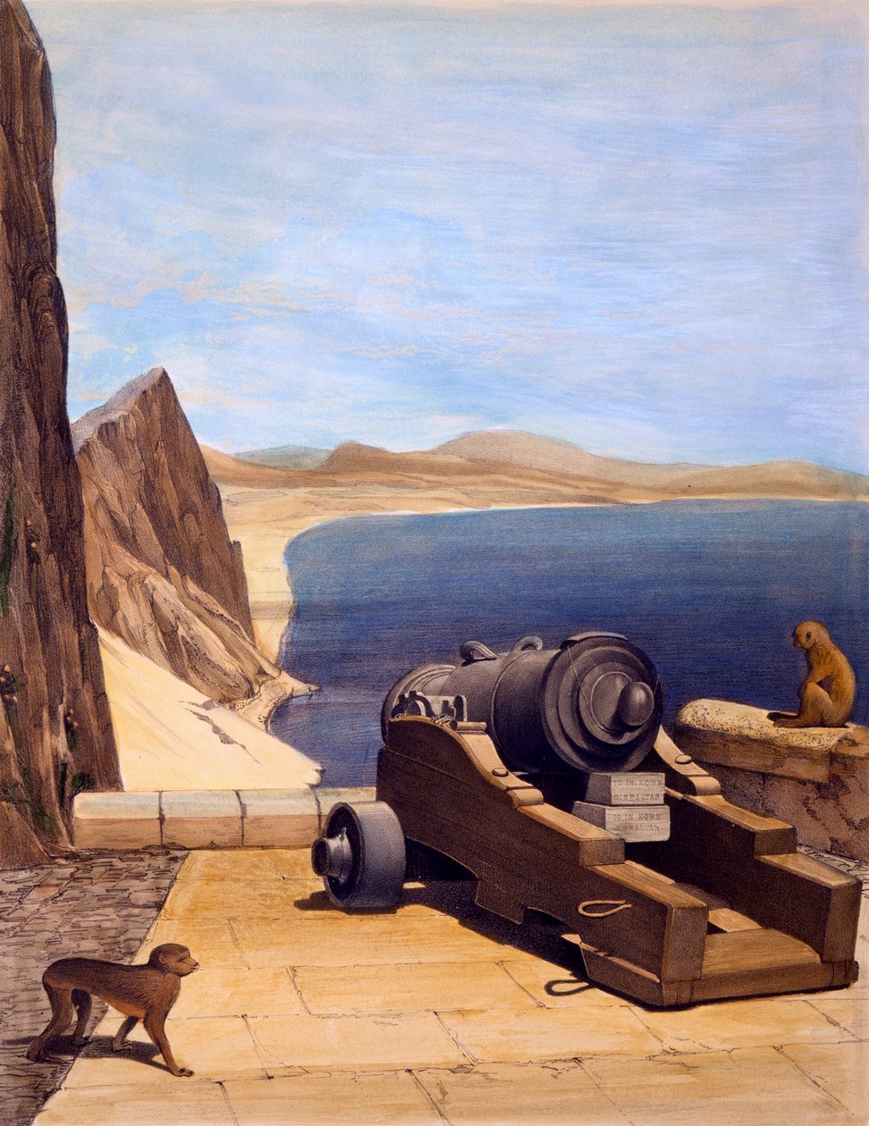 The Mediterrane Battery, Gibraltar, TC Dibdinin painatus, Select Views of the Rock and Fortress of Gibraltar, julkaistu 1846 tekijältä Captain J. M. Carter