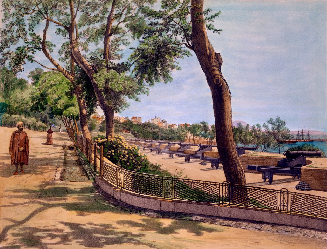 Victoria Battery, Gibraltar, TC Dibdinin tulostama teoksesta Select Views of the Rock and Fortress of Gibraltar, julkaistu 1846 tekijältä Captain J. M. Carter
