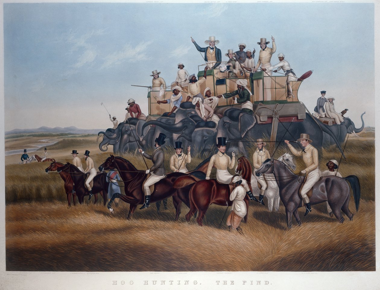Hog Hunting: The Find, kaiverrettu ja pubi. kirjoittanut herra Fores, n. 1840 (värillinen kaiverrus) tekijältä Captain John (after) Platt