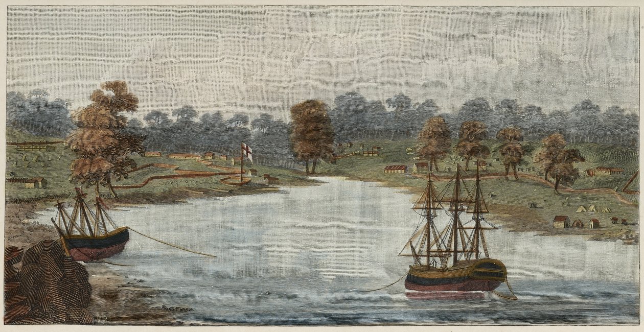 Sydney Cove, 1788 (käsinvärinen kuparikaiverrus) tekijältä Captain John Hunter