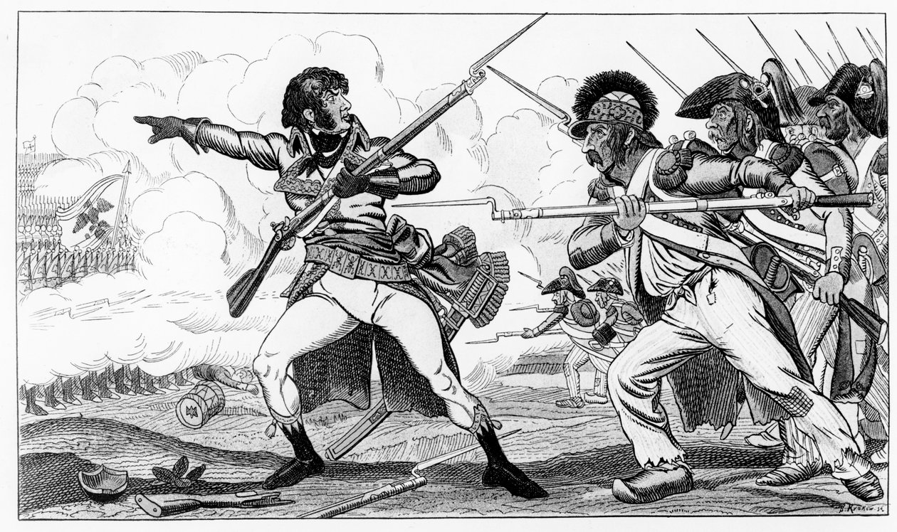 The Volunteers in Sabots at the Battle of Valmy, 20. syyskuuta 1792, kuvitus Louis Blancin teoksesta "Histoires de la Revolution Francoise", kaiverrus S. Krakova tekijältä Caran d Ache