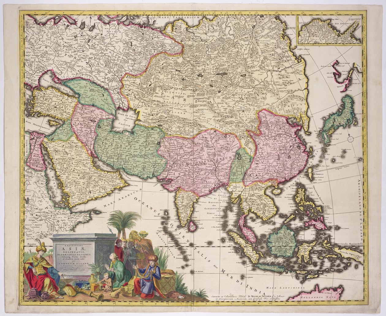 Aasian, Tartaria, Japanin, Filippiinien ja Itä-Intian kartta, kaiverrus G. van Gouwen, n. 1690 tekijältä Carel Allard