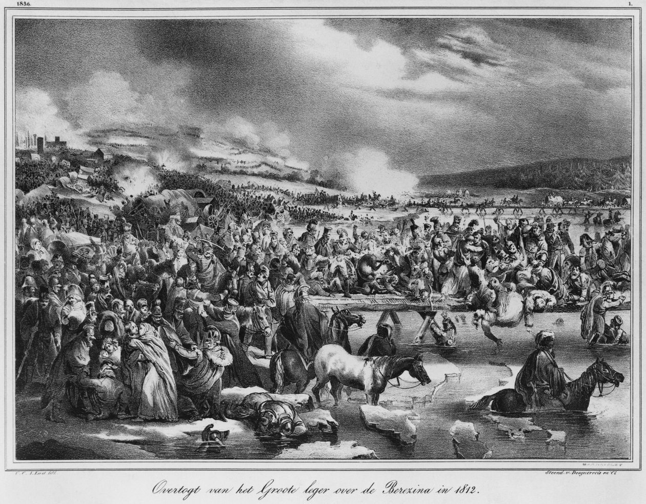Berezina-joen ylitys marraskuussa 1812, kaiverrus Desguerrois (1800-luku) tekijältä Carel Christian Anthony Last