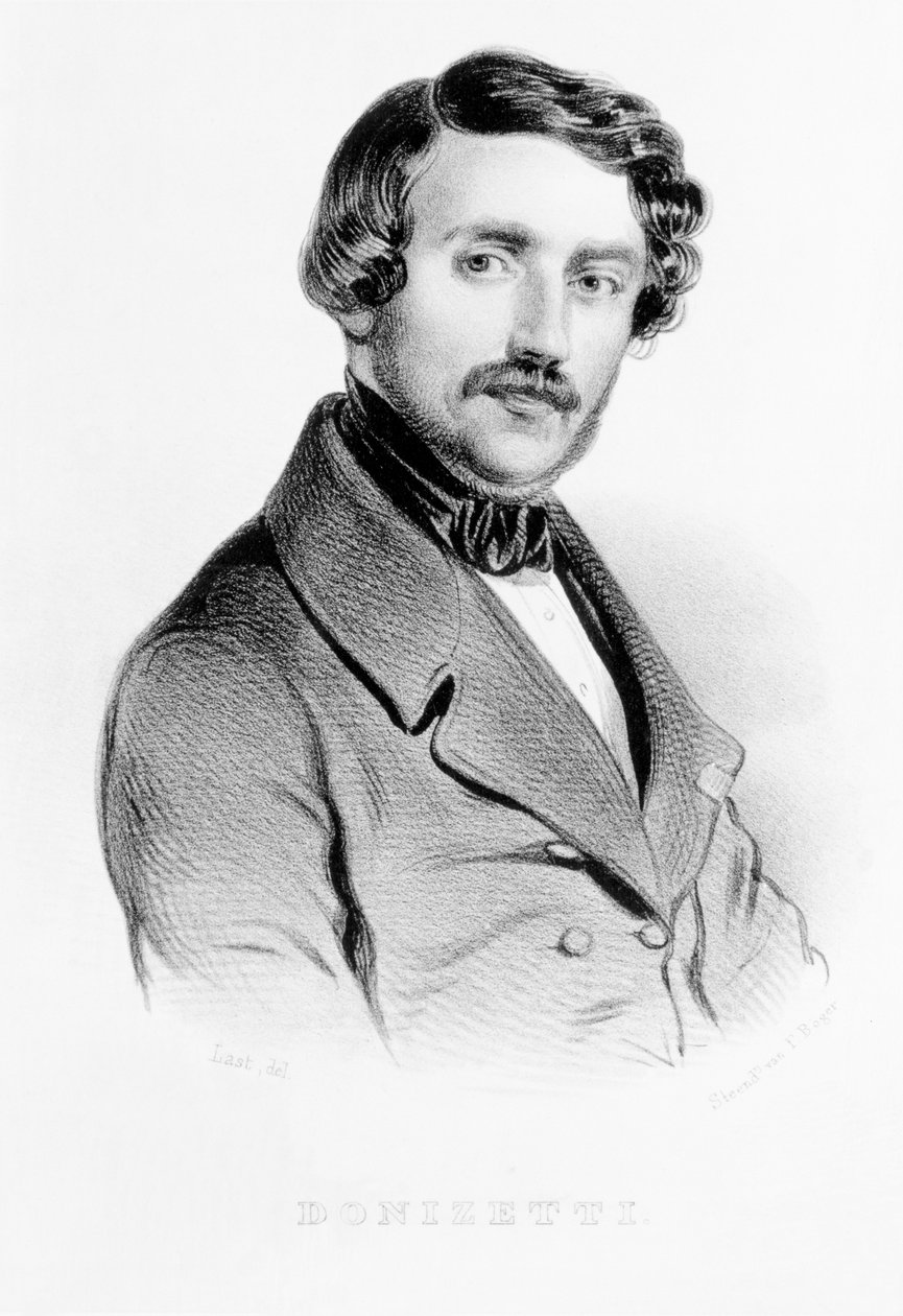 Italialaisen säveltäjän Gaetano Donizettin (1797-1848) muotokuva, kaiverrus F. Boger tekijältä Carel Christian Anthony Last