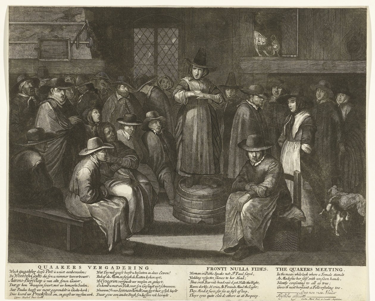 Sarjakuva Englannin kveekereista, noin 1656 Quaaker Meeting / Fronti Nulla Fides / The Quakers Meeting (otsikko esineessä) tekijältä Carel Allard
