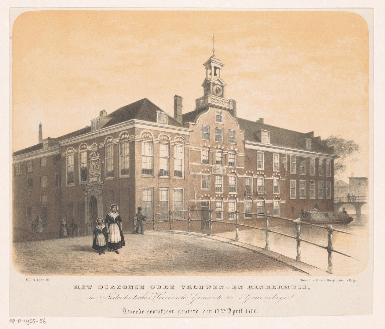 Diakonie vanhojen naisten ja lastenkoti Haagissa Nederduitsche Hervormde Gemeenten Diaconie-vanhojen naisten ja lastenkoti Haagissa vietettiin toista satavuotisjuhlaa 17. huhtikuuta 1860 (otsikko esineessä) tekijältä Carel Christiaan Antony Last