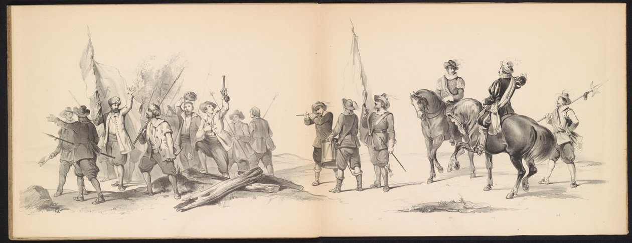 Leidenin opiskelijoiden naamiaiset, 1850 (taulu 12) Frederik Hendrikin intogt Hertogenboschissa vuonna 1629: H.H. Vuoden 1850 Leydsche Hoogeschool den XI Junij -koulun opiskelijat (sarjan nimi esineessä) tekijältä Carel Christiaan Antony Last