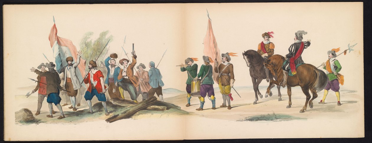 Leidenin opiskelijoiden naamiaiset, 1850 (taulu 12) Frederik Hendrikin intogt Hertogenboschissa vuonna 1629: H.H. Vuoden 1850 Leydsche Hoogeschool den XI Junij -koulun opiskelijat (sarjan nimi esineessä) tekijältä Carel Christiaan Antony Last