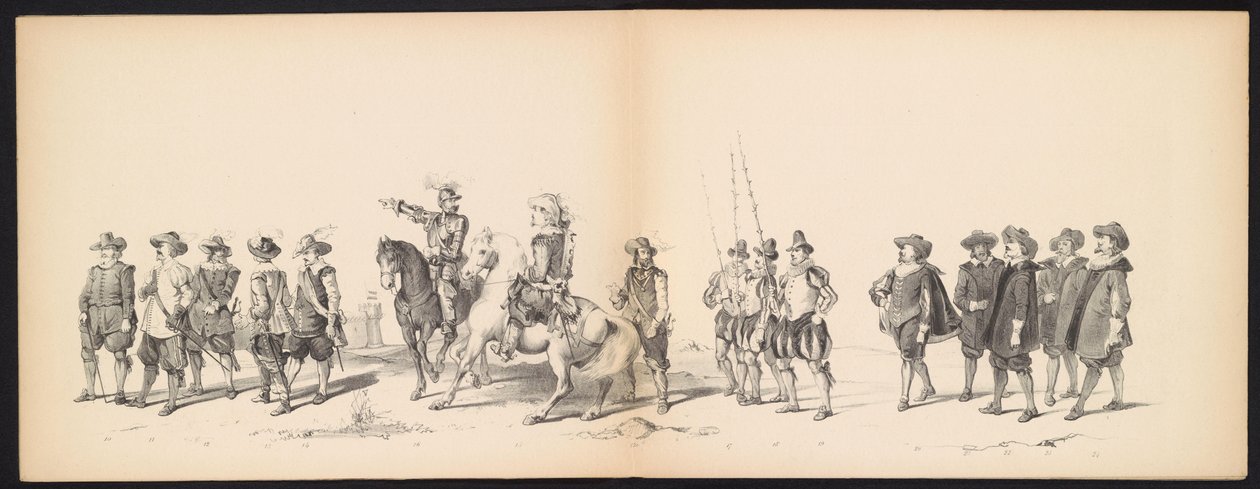Leidenin opiskelijoiden naamiaiset, 1850 (levy 2) Frederik Hendrikin intogt Hertogenboschissa vuonna 1629: H.H. Vuoden 1850 Leydsche Hoogeschool den XI Junij -koulun opiskelijat (sarjan nimi esineessä) tekijältä Carel Christiaan Antony Last
