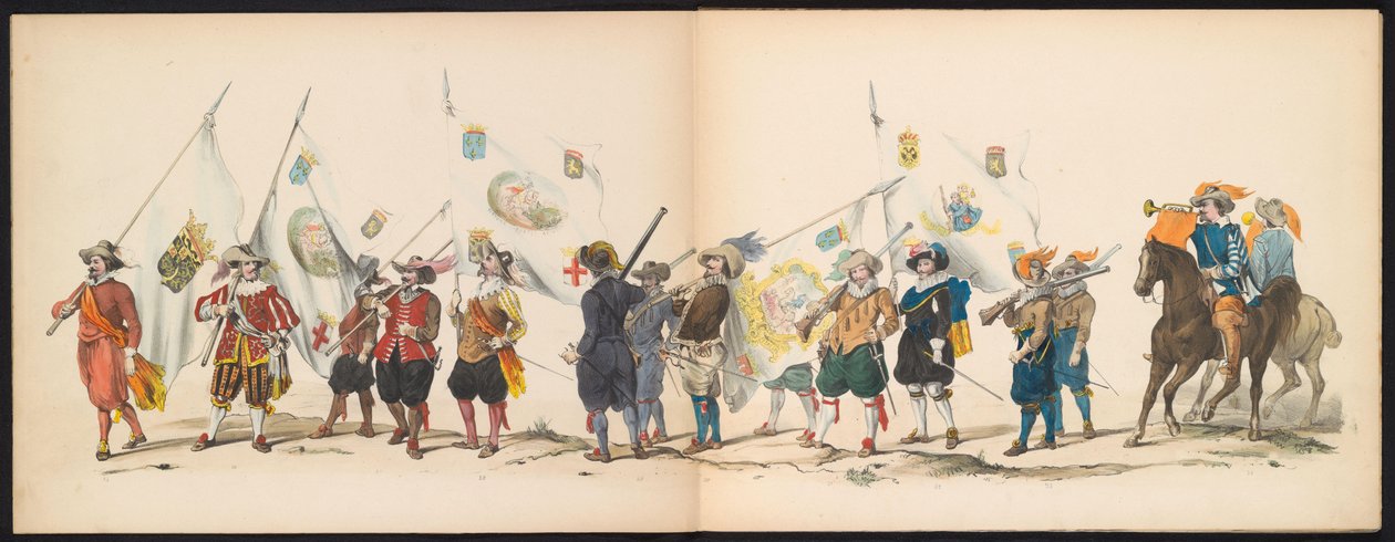 Leidenin opiskelijoiden naamiaiset, 1850 (levy 3) Frederik Hendrikin intogt Hertogenboschissa vuonna 1629: H.H. Vuoden 1850 Leydsche Hoogeschool den XI Junij -koulun opiskelijat (sarjan nimi esineessä) tekijältä Carel Christiaan Antony Last