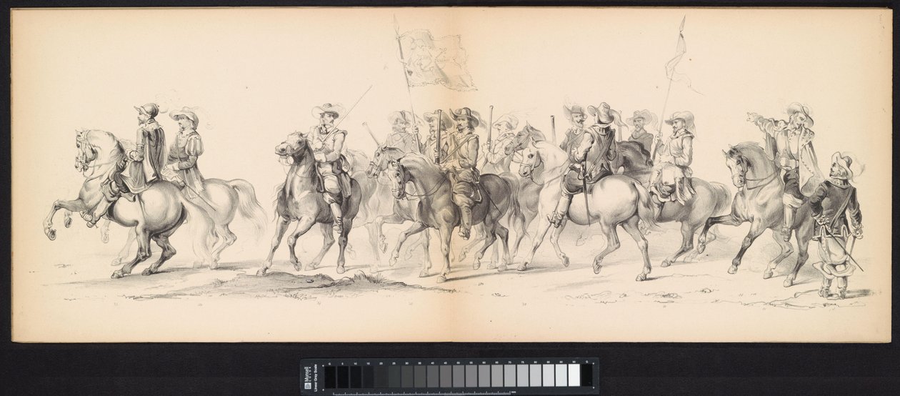 Leidenin opiskelijoiden naamiaiset, 1850 (taulu 4) Frederik Hendrikin intogt Hertogenboschissa vuonna 1629: H.H. Vuoden 1850 Leydsche Hoogeschool den XI Junij -koulun opiskelijat (sarjan nimi esineessä) tekijältä Carel Christiaan Antony Last