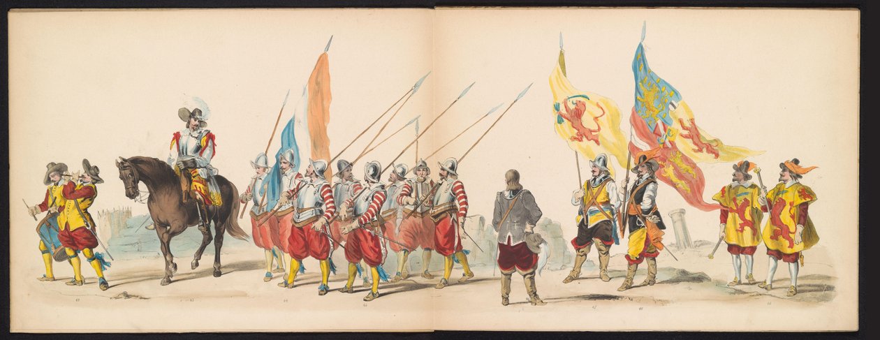 Leidenin opiskelijoiden naamiaiset, 1850 (levy 5) Frederik Hendrikin intogt Hertogenboschissa vuonna 1629: H.H. Vuoden 1850 Leydsche Hoogeschool den XI Junij -koulun opiskelijat (sarjan nimi esineessä) tekijältä Carel Christiaan Antony Last