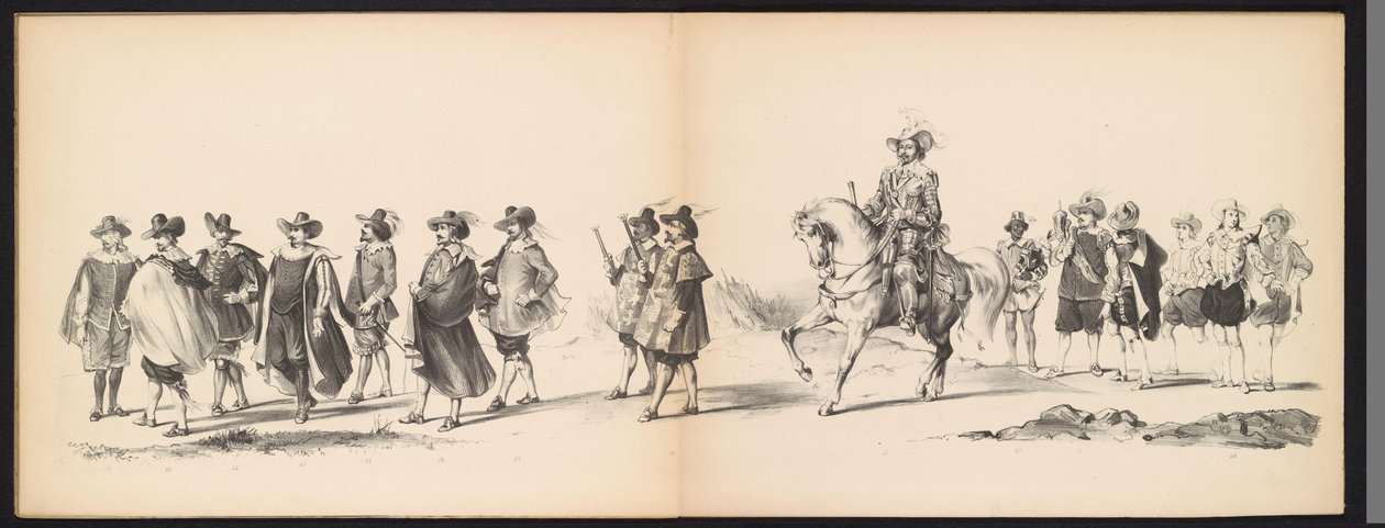 Leidenin opiskelijoiden naamiaiset, 1850 (levy 6) Frederik Hendrikin intogt Hertogenboschissa vuonna 1629: H.H. Vuoden 1850 Leydsche Hoogeschool den XI Junij -koulun opiskelijat (sarjan nimi esineessä) tekijältä Carel Christiaan Antony Last