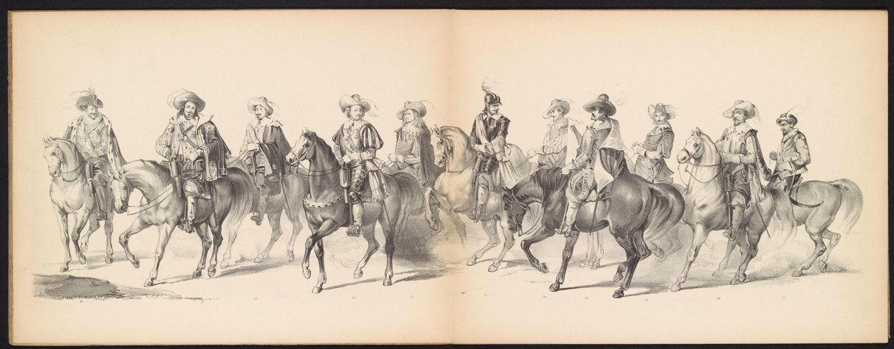Leidenin opiskelijoiden naamiaiset, 1850 (levy 7) Frederik Hendrikin intogt Hertogenboschissa vuonna 1629: H.H. Vuoden 1850 Leydsche Hoogeschool den XI Junij -koulun opiskelijat (sarjan nimi esineessä) tekijältä Carel Christiaan Antony Last
