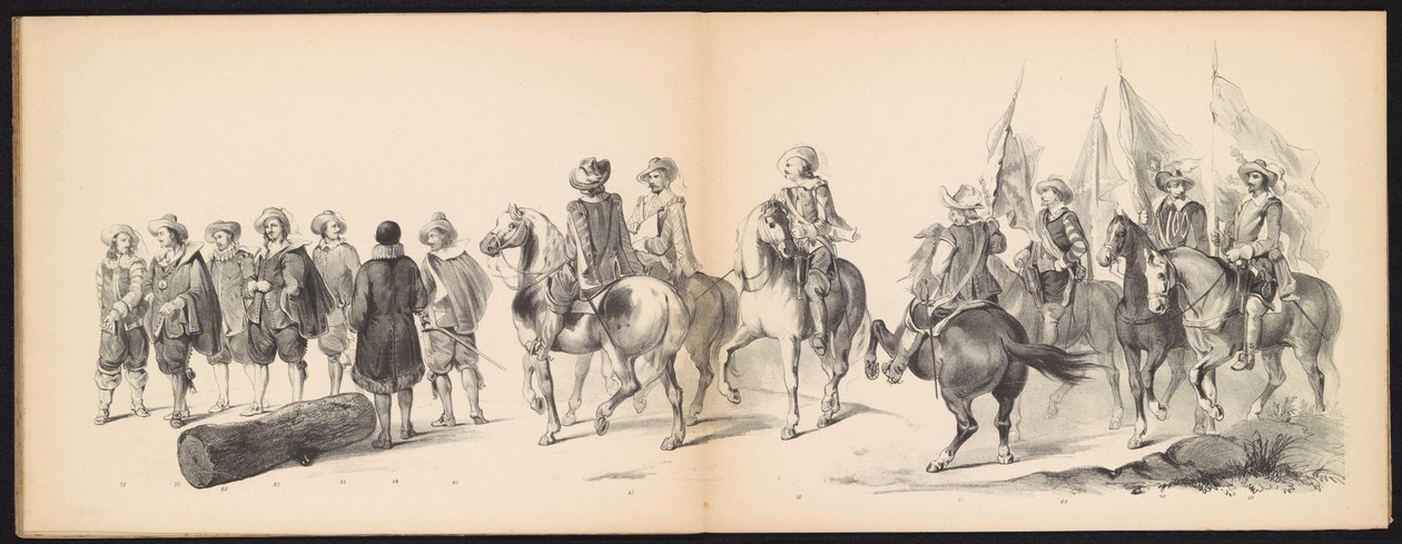 Leidenin opiskelijoiden naamiaiset, 1850 (levy 9) Frederik Hendrikin intogt Hertogenboschissa vuonna 1629: H.H. Vuoden 1850 Leydsche Hoogeschool den XI Junij -koulun opiskelijat (sarjan nimi esineessä) tekijältä Carel Christiaan Antony Last
