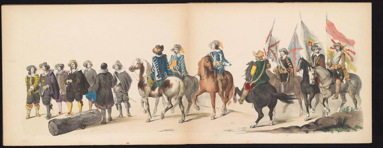 Leidenin opiskelijoiden naamiaiset, 1850 (levy 9) Frederik Hendrikin intogt Hertogenboschissa vuonna 1629: H.H. Vuoden 1850 Leydsche Hoogeschool den XI Junij -koulun opiskelijat (sarjan nimi esineessä) tekijältä Carel Christiaan Antony Last