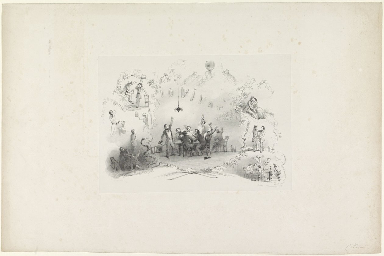 Sarjakuva Leidenin opiskelijaalmanakista, 1849 Io Vivat (otsikko esineessä) tekijältä Carel Christiaan Antony Last