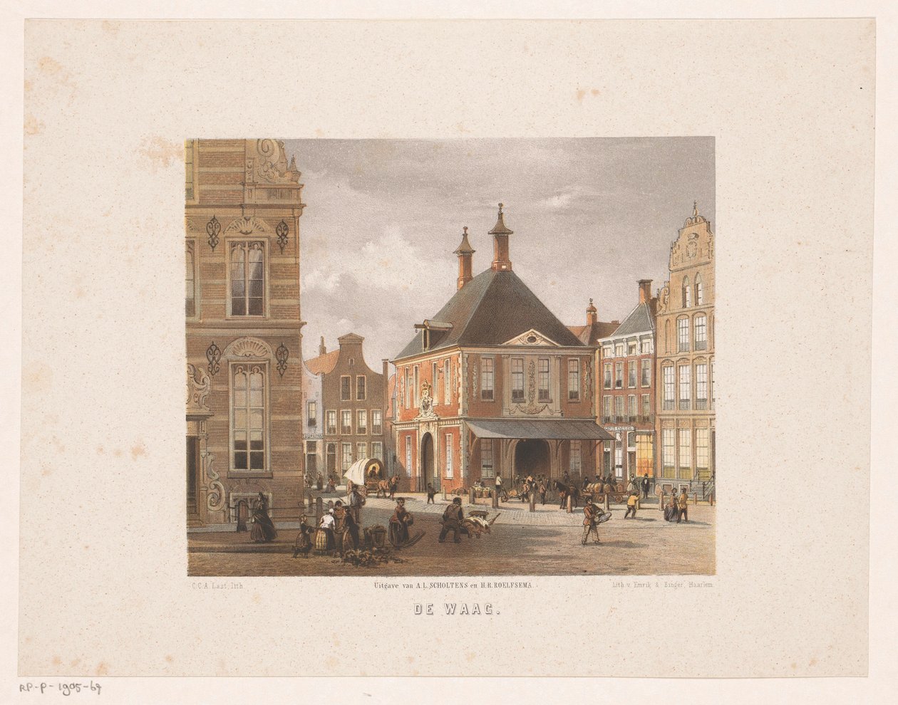 Paisatge urbà amb casa de peses a Groningen Acabat De Waag (títol sobre objecte). tekijältä Carel Christiaan Antony Last