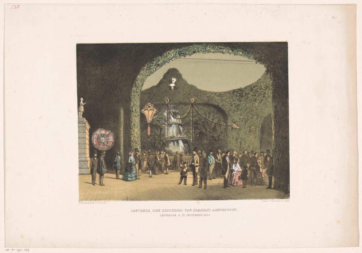 Hall Frascatissa Amsterdamissa 1855 Frascatin vierailijoille esitettävä matkamuisto. Amsterdam 9.-24. syyskuuta 1855 (otsikko esineessä) tekijältä Carel Christiaan Antony Last