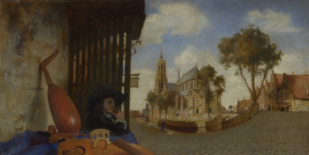 Näkymä Delftistä, soittimien myyntikoju, 1652 tekijältä Carel Fabritius