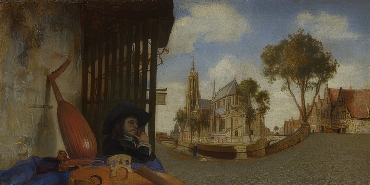 Näkymä Delftistä, jossa on soittimia myyvän myyjän koju. 1652 tekijältä Carel Fabritius