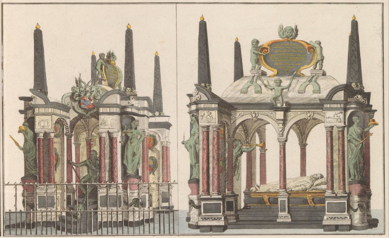 Praalgraf van Willem van Oranje Delftissä, n. 1790 Kuninkaallisen perheen upea mausoleumi suuressa kirkossa Delftissä / Sama otettu pohjoispuolelta (otsikko esineessä) tekijältä Carel Frederik Bendorp (I) (possibly)