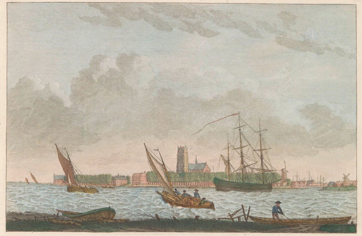 Dordrecht Merwedestä, noin 1790 Dordrecht van de Merwe esillä / La ville Dordrecht - palkinto du coté dela riviere dite la Merwe (otsikko esineessä) tekijältä Carel Frederik Bendorp (I)