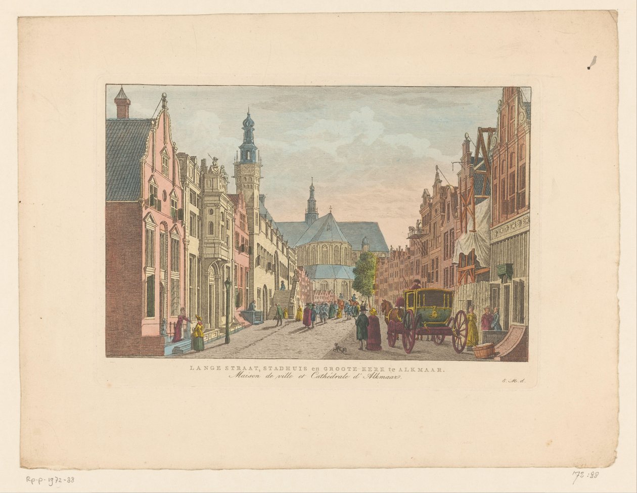 Näkymä Langestraatille, kaupungintalolle ja Grote Kerkille Alkmaarissa Langestraat, kaupungintalo ja Groote Kerk Alkmaarissa / Maison de ville et Cathédrale d