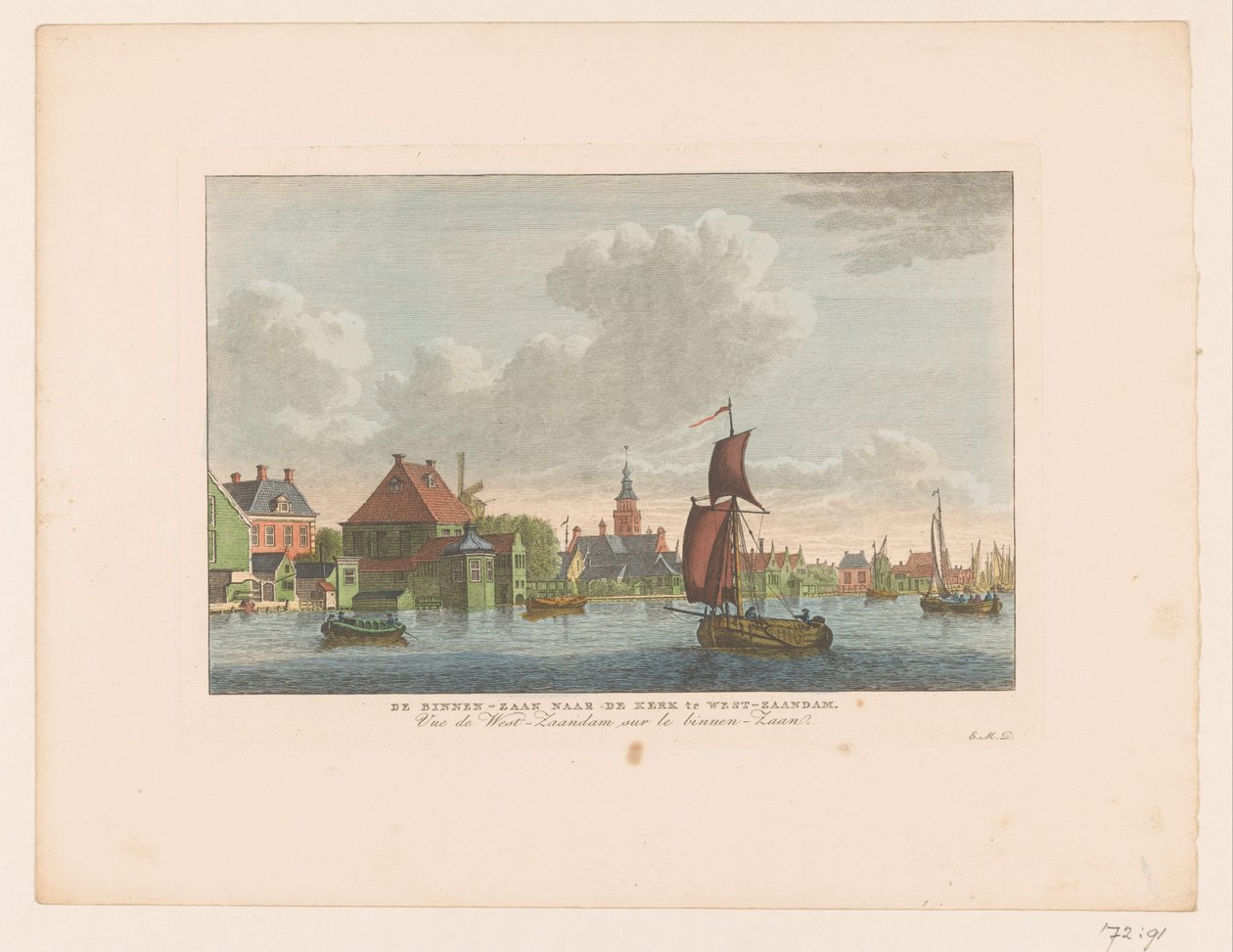 Näkymä Westzaandamin kylästä nähtynä veden yli Binnen-Zaan kirkkoon West-Zaandamissa / Vue de West-Zaandam sur le Binnen-Zaan (otsikko esineessä) tekijältä Carel Frederik Bendorp (I)
